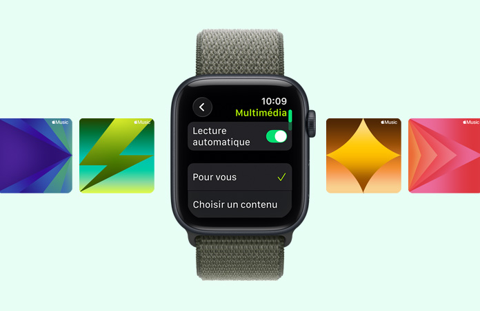 Apple Watch SE 3, boîtier en aluminium, minuit, suggestions de liste de lecture d’entraînement dans Apple Music, bracelet, sport à rabat, forêt