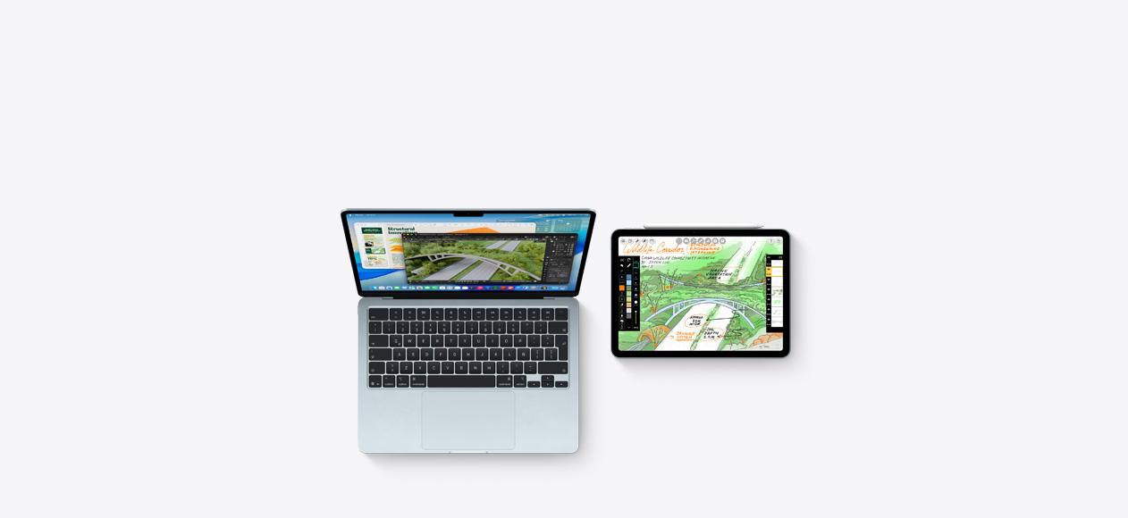Un Mac y un iPad, en pantalla se muestran trabajos académicos en distintas apps