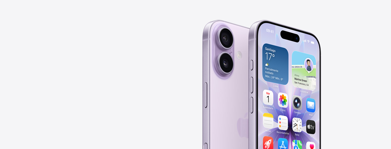 iPhone 17 en color lavanda, parte frontal con la pantalla de inicio parcialmente visible, la parte lateral muestra el Botón de Acción y botones de volumen. La parte trasera muestra el sistema de dos cámaras Fusion en la esquina superior izquierda, botón de Control de la Cámara