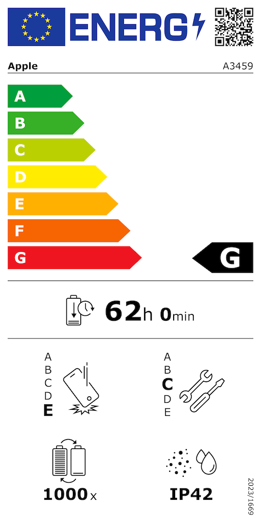 EU-energielabel, QR-code en informatie, Apple model A3459, klasse G, energie-efficiëntieklassen (met schaal van A tot G), A (meest efficiënt) tot G (minst efficiënt), batterijduur per cyclus, 62 uur en 0 minuten per keer volledig opladen, betrouwbaarheidsklasse E bij herhaaldelijke vrije val, A (meest robuust) tot E (minst robuust), repareerbaarheidsklasse C, A (gemakkelijkst repareerbaar) tot E (moeilijkst repareerbaar), levensduur batterij 1000 cycli, classificatie IP42 voor bescherming tegen binnendringen van stof en water (IP), verordening 2023/1669