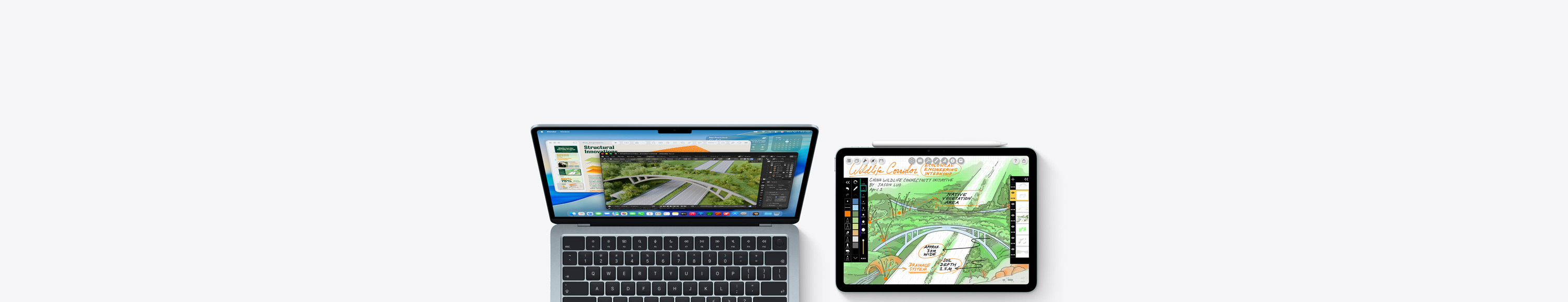 Mac en iPad, op de schermen zijn verschillende apps te zien met leerstof