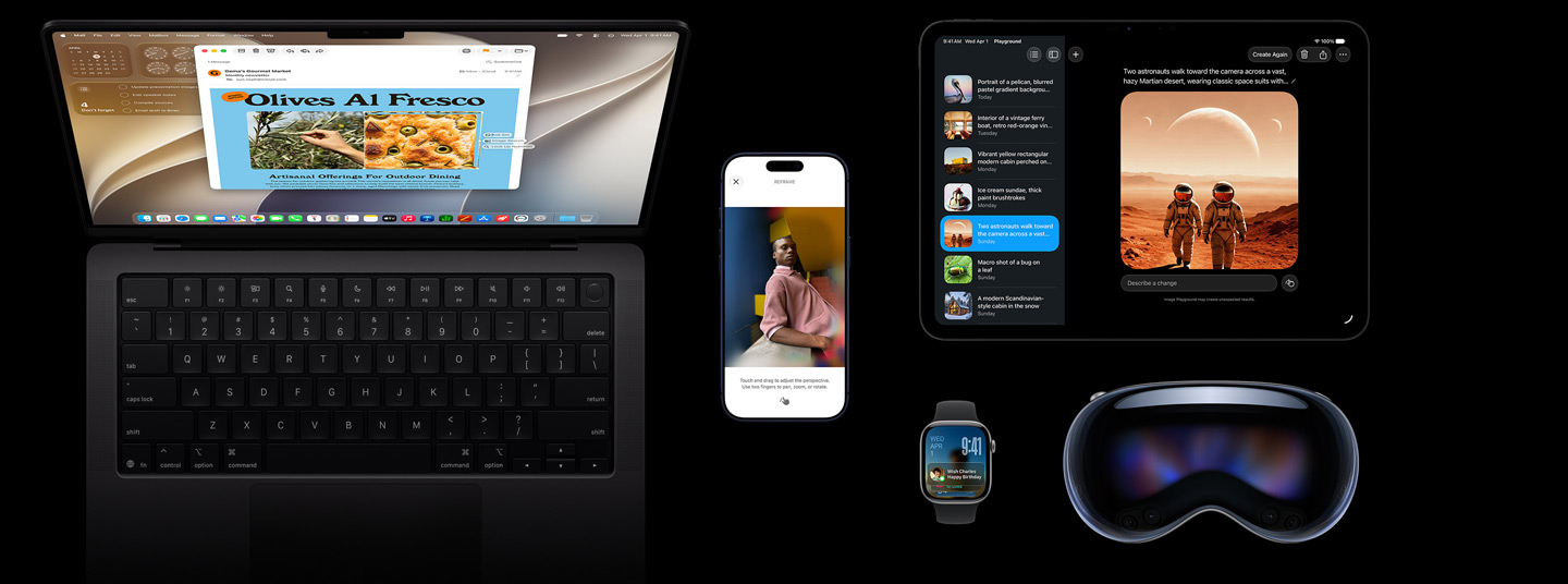 Apple Intelligence sur des appareils iOS, cinq produits, iPhone 17 Pro bleu intense, Apple Vision Pro, Apple Watch Series 11 de 42 millimètres gris sidéral, MacBook Pro 14 pouces noir sidéral et iPad Pro 11 pouces noir sidéral.