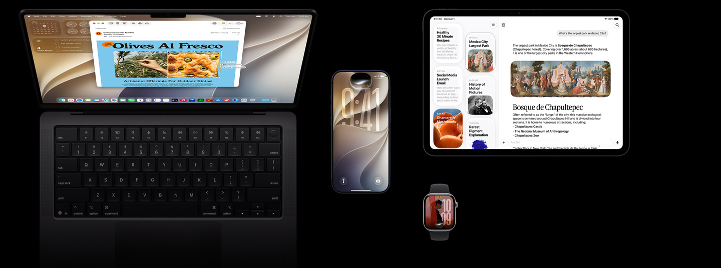 Siri AI på iOS-enheter, fire produkter vises, iPhone 17 Pro i dypblå, 42 mm Apple Watch Series 11 i stellargrå, 14-tommers MacBook Pro i stellarsvart og 11-tommers iPad Pro i stellarsvart.
