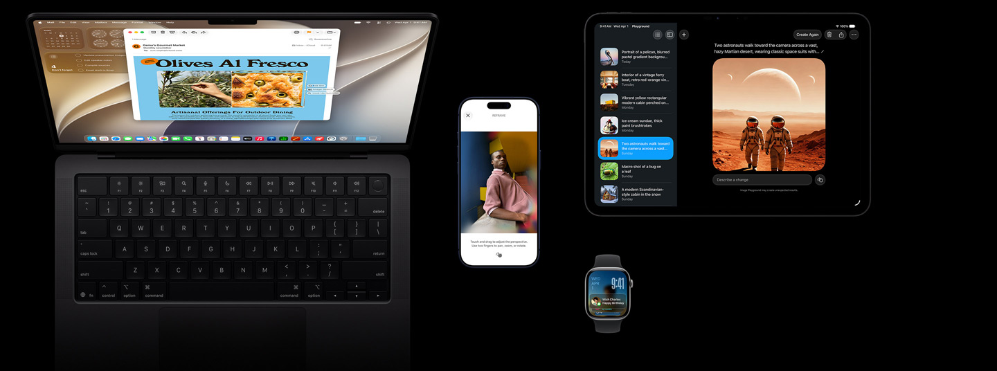 Apple Intelligence på iOS-enheter, fyra produkter, iPhone 17 Pro i djupblått, 42 mm Apple Watch Series 11 i rymdgrått, 14-tums MacBook Pro i rymdsvart och 11-tums iPad Pro i rymdsvart.