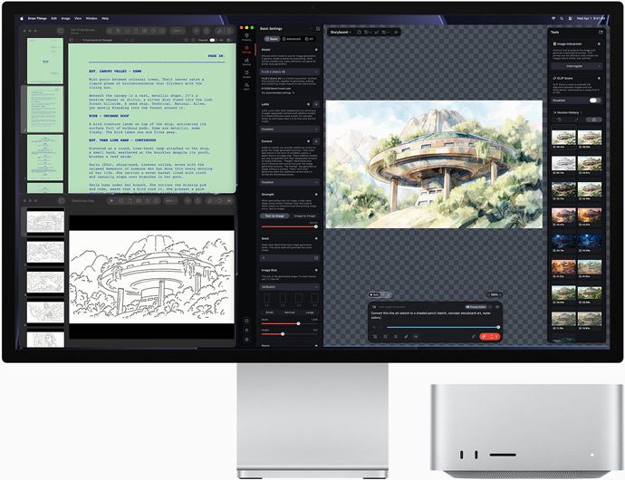 Studio Display XDR, näytöllä näkyy arkkitehtonisia piirroksia Draw Thingsissä, Pages ja Keynote, Mac Studio edestä