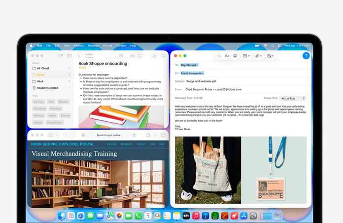 MacBook Neo, couleur indigo, l’écran montre la rédaction d’un e-mail de bienvenue pour la nouvelle recrue d’une librairie, d’autres fenêtres en mosaïque contiennent un document Notes sur l’intégration et le site web du portail destiné au personnel de la librairie dans Safari