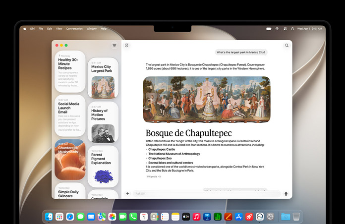 14-inch MacBook Pro in Space Black, screen shows Siri app displaying an active Siri AI conversation and previous conversations in sidebar.