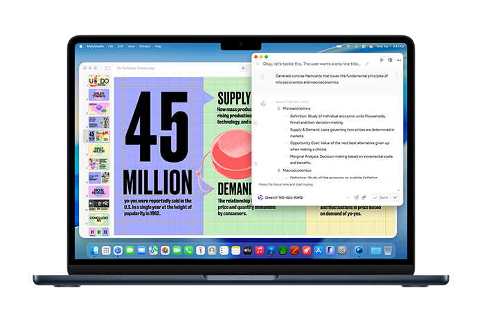 MacBook shows a Msty Studio screen featuring microeconomics flashcards, demonstrating on-device AI capabilities