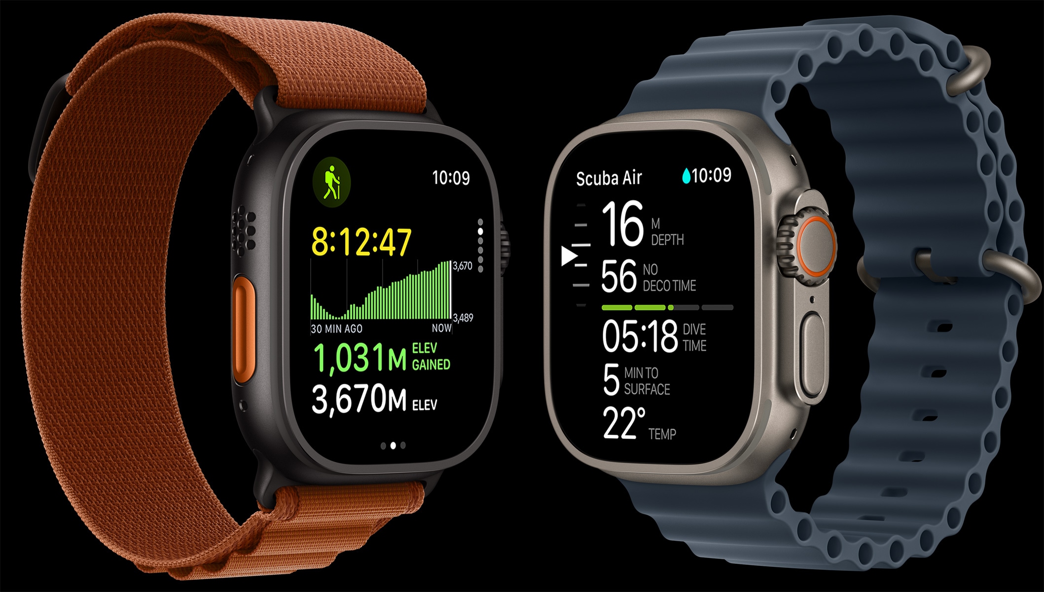 Uređaji Apple Watch Ultra 3, kućišta od titanija, crna i prirodna boja, karta staze, mjerenja ronjenja, remeni, narukvica Alpine, boja terakote, plavičasto sivi remen Ocean