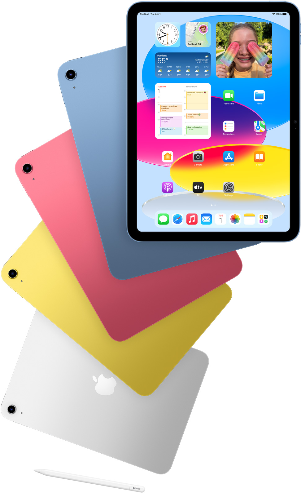 Pogled na prednji dio iPada koji pokazuje početni zaslon i na stražnju stranu plavog, rozog, žutog i srebrnog iPada. Apple Pencil leži pokraj raspoređenih modela iPada.