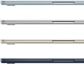 Vanjski prikaz četiri prijenosnika MacBook Air, u četiri različite završne obrade