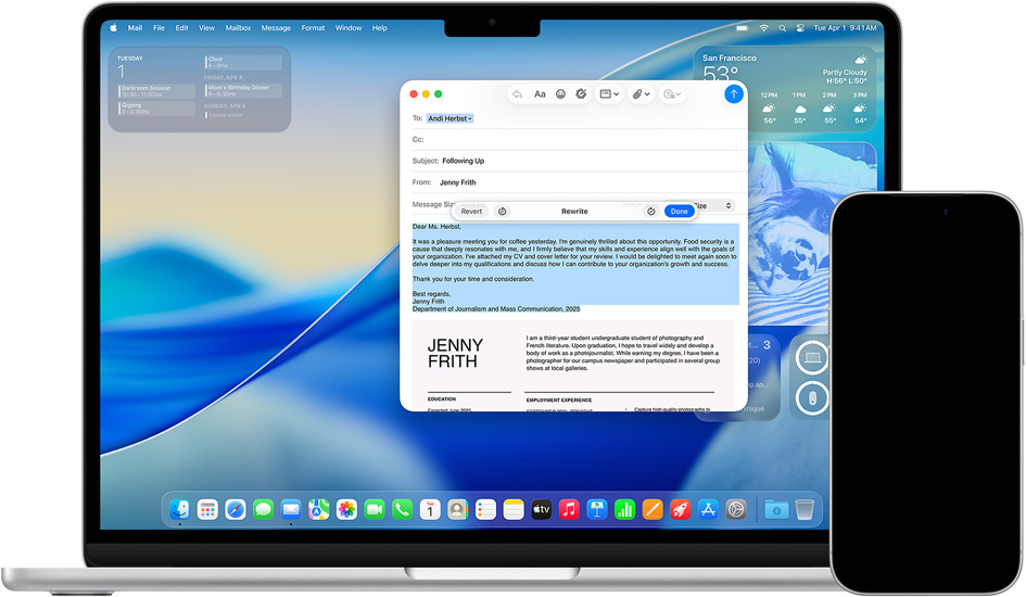 Egy Macen az Íráseszközök funkció látható, egy iPhone-on pedig üzenetek az Élő fordítással