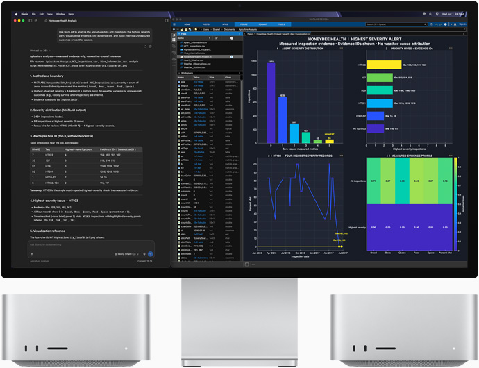 Studio Display XDR, a kijelzőjén méhek egészségével kapcsolatos adatok az LM Studio Bionic és a MATLAB appban, Mac Studio elölnézetből