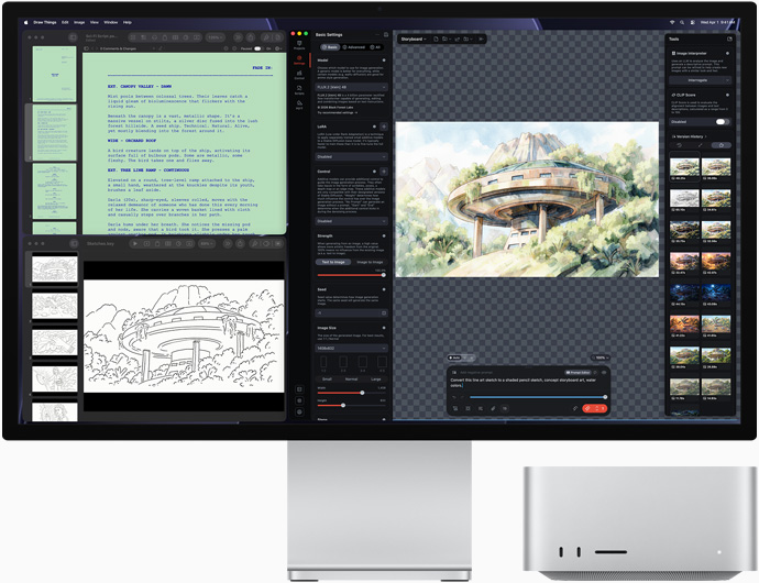 Studio Display XDR, a kijelzőn a Draw Things építészeti tervrajzokkal, Pages és Keynote, Mac Studio elölnézetből