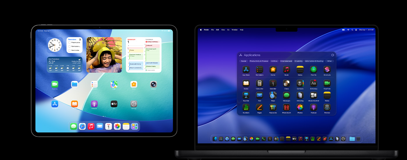 iPad dan Mac yang menampilkan berbagai ikon aplikasi. iPad menampilkan beberapa widget, termasuk Kalender, Cuaca, dan Foto.