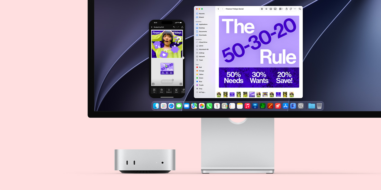 Mac mini front, tucked under Studio Display display screen shows iPhone mirroring of a social media post about a topic titled Finance Fridays