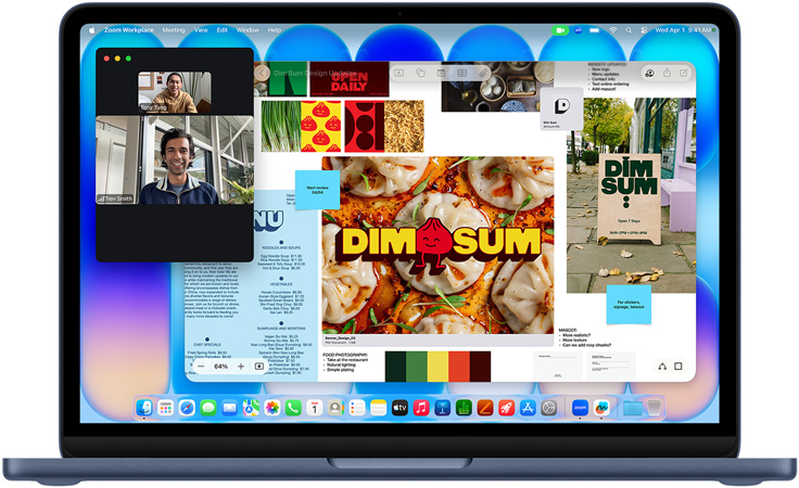MacBook Neo, culoare Indigo, apel video în desfășurare, fereastră Freeform cu un meniu, fotografii culinare și ilustrații pentru un restaurant specializat în dim sum