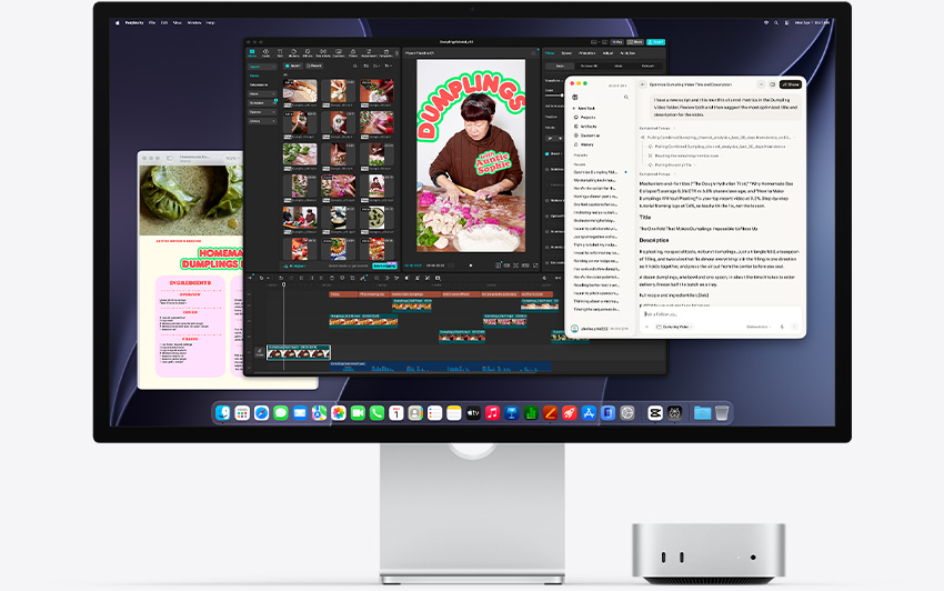 ด้านหน้าของ Mac mini วางอยู่ใต้ Studio Display โดยมีแอป DaVinci Resolve กำลังทำงานบน macOS