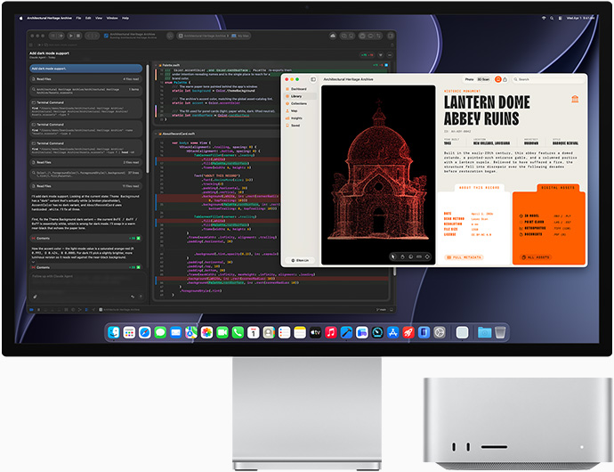 Studio Display XDR, หน้าจอแสดงเอกสารที่กำลังประมวลผลอยู่ใน Claude Agent ใน XCode, Mac Studio, มุมมองด้านหน้า