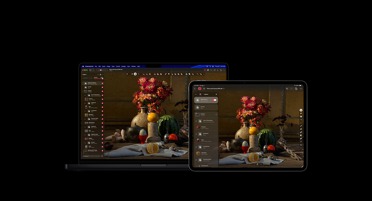 หน้าจอของ MacBook Pro รุ่น 16 นิ้ว และ iPad Pro รุ่น 13 นิ้ว, Pixelmator Pro, ภาพวาดสีของดอกไม้และอื่นๆ, ชุดเครื่องมือเลเยอร์ทางด้านซ้าย