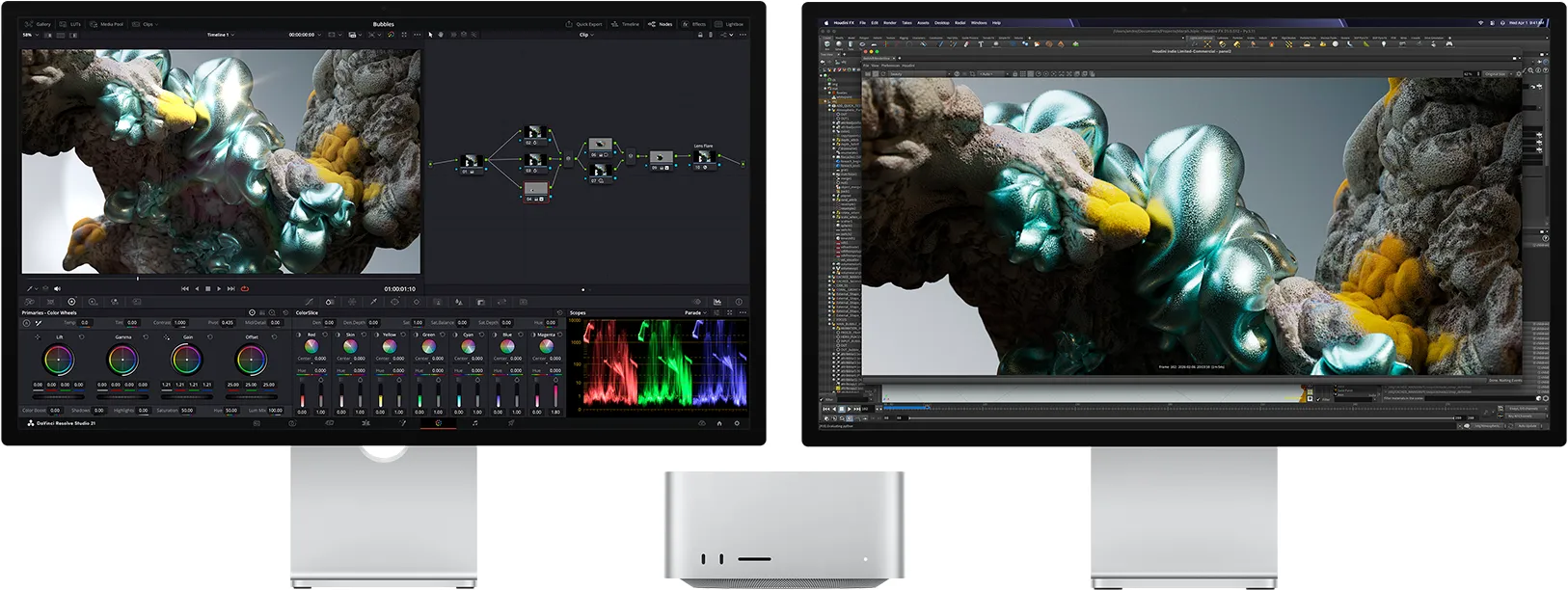 Studio Display 螢幕顯示 DaVinci Resolve Studio 中放大的抽象彩色影像、Mac Studio 的正面、Studio Display XDR 螢幕上的 Houdini 和 Maxon Redshift 顯示相同影像的放大特寫