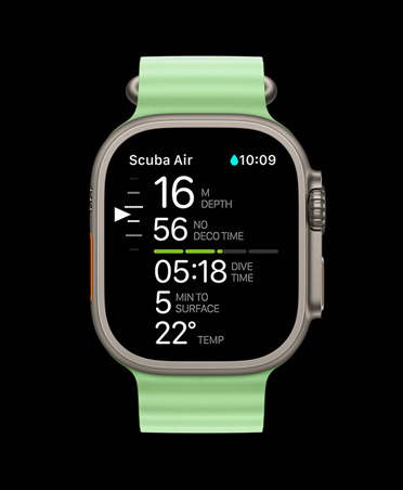 Apple Watch Ultra 3, natural colour, titanium case, Oceanic+ dive metrics: depth, deco time, dive time, minutes to surface, water temperature, Ocean Band, neon green colour