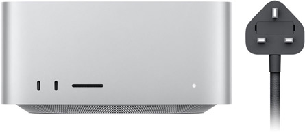 Mac Studio, front, two USB-C ports, SDXC card slot, status indicator light, tapered base at bottom, flat top, rounded sides, straight edges, silver color, black power cord with three-prong power plug