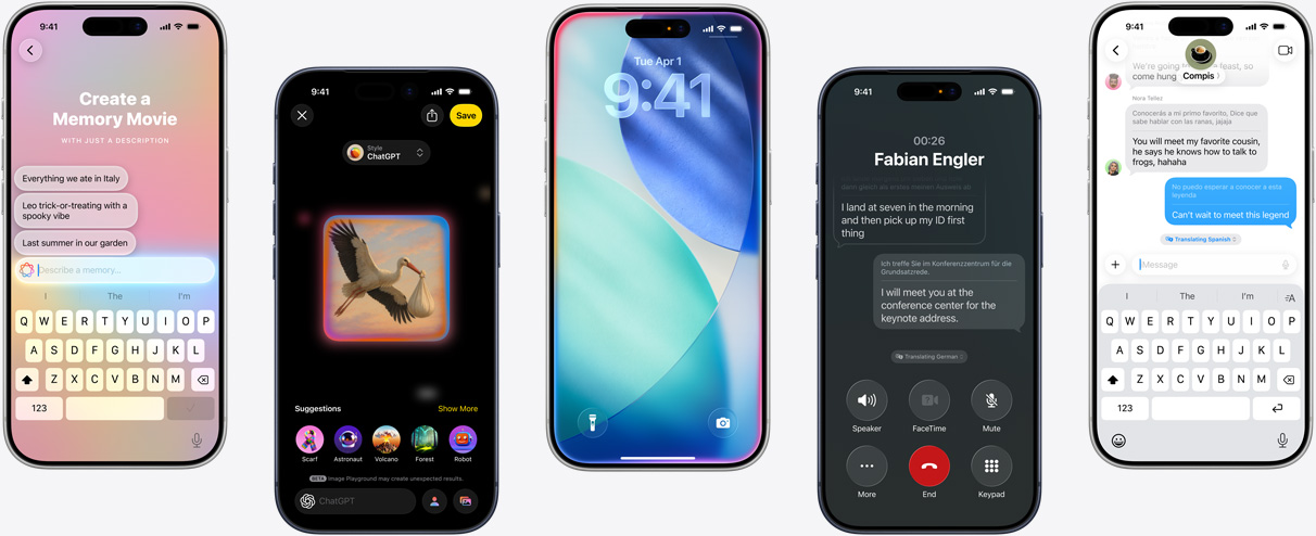 Fünf iPhone Geräte zeigen Apple Intelligence Features: einen Erinnerungsfilm erstellen, Artwork in Image Playground generieren, den iOS Sperrbildschirm mit glühendem Licht, Live Übersetzung in einem Anruf und Live Übersetzung in Nachrichten.