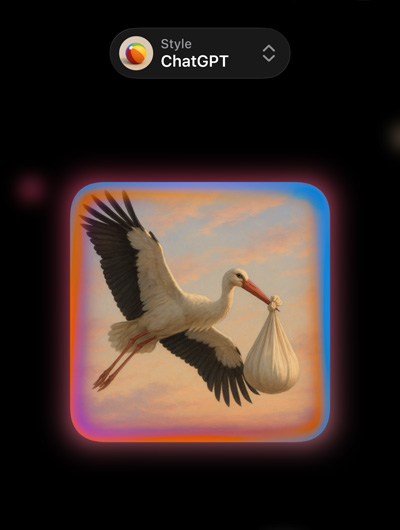 Image Playground Display mit einem Bild eines fotorealistischen Storchs, der ein Bündel im Schnabel trägt, und Optionen für benutzerdefinierte Bildstile von ChatGPT