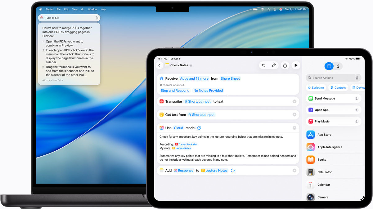 Ein Mac zeigt Siri Anfragen tippen und ein iPad zeigt einen Kurzbefehl, in den Apple Intelligence integriert wurde.