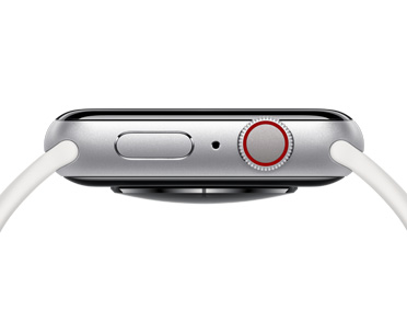 Apple Watch, Farbe Silber, rechte Seitenansicht, Seitentaste, Öffnung für Mikrofon, Digital Crown