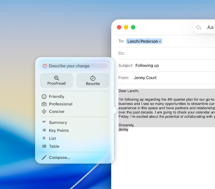 Düzeltme, yeniden yazma ve anlatım tonunu düzenleme seçenekleri içeren Apple Intelligence Yazma Araçları paneliyle Mail uygulaması