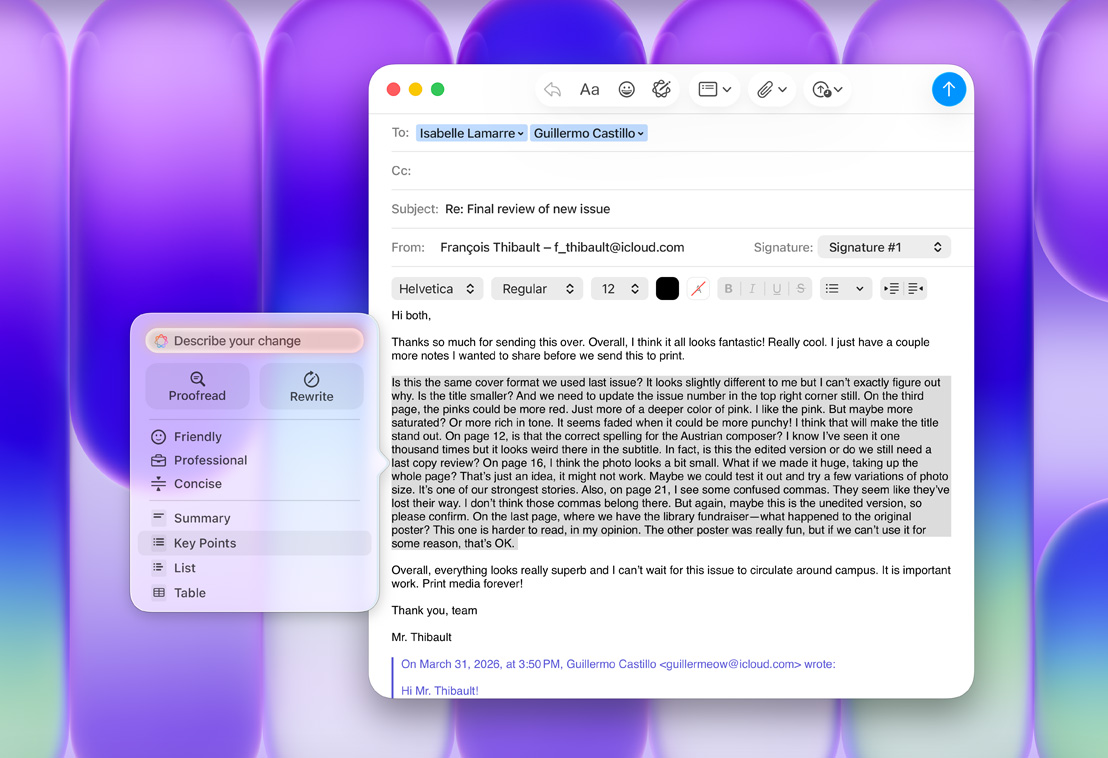 Apple Intelligence Yazma Araçları paneli, Önemli Noktalar seçeneğinin vurgulandığı Mail uygulaması