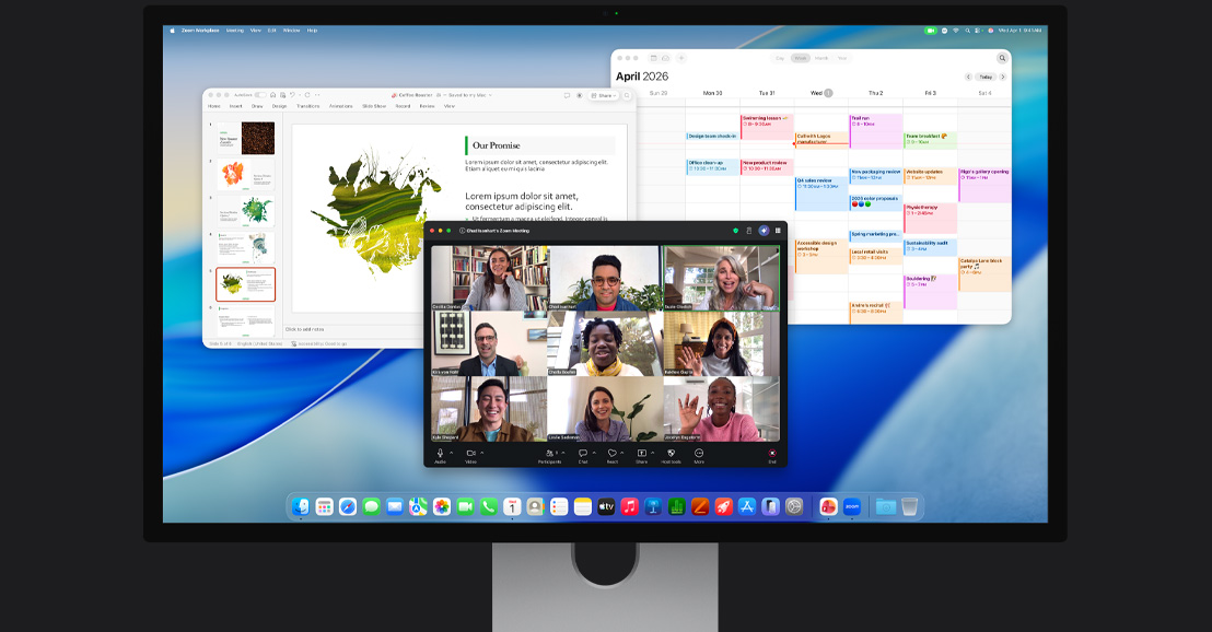 iMac, ekranda birden fazla katılımcının olduğu görüntülü bir Zoom araması, bir takvim ve arka planda açık bir sunum gösteriliyor