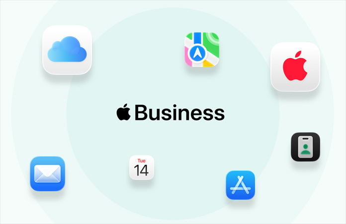 Apple Business, surrounded by app icons: iCloud, Maps, AppleCare, Mail, Calendar, App Store, Apple Business app
