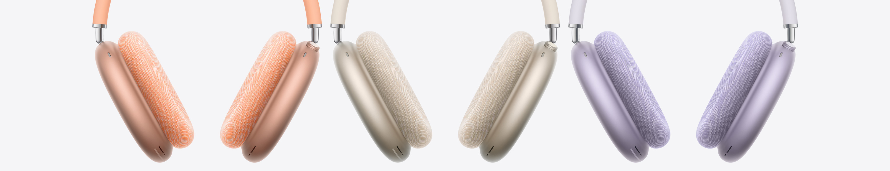 Headphone over-ear AirPods Max 2, tampilan depan, bertumpuk, ditampilkan dalam berbagai warna, kanopi jaring dan bantalan busa, digital crown dan tombol mode Dengar.