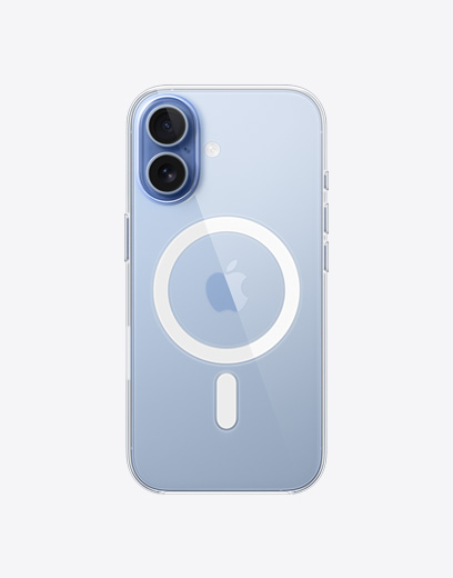 iPhone 17, taustapuoli, kirkas MagSafe-kuori, Dual Fusion ‑kamerajärjestelmä vasemmassa yläkulmassa
