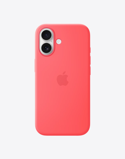 iPhone 17, taustapuoli, keltainen silikonikuori, Dual Fusion ‑kamerajärjestelmä vasemmassa yläkulmassa, Applen logo keskellä