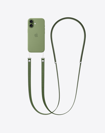 iPhone 17, taustapuoli, vihreä kuori, vihreä olkahihna kiinnitettynä siihen