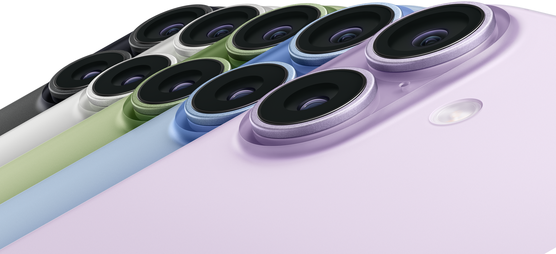 Viisi iPhone 17 ‑laitetta, taustapuoli, vasen yläkulma, Dual Fusion ‑kamerajärjestelmä, värit: musta, valkoinen, salvia, kuura, laventeli