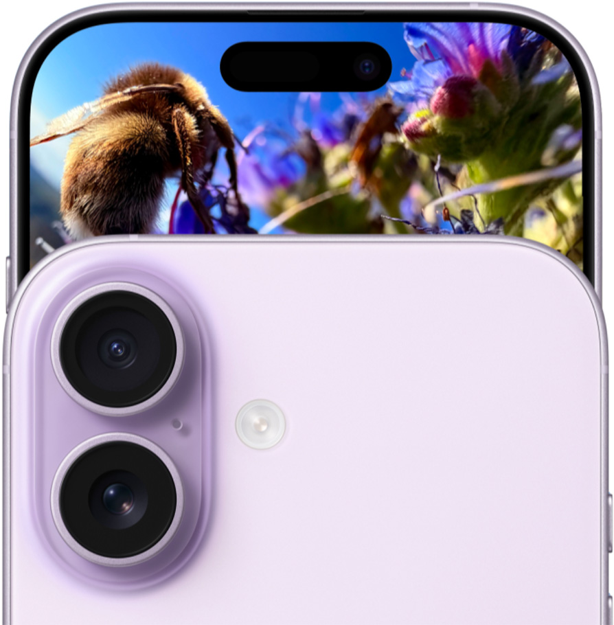 iPhone 17, etupuoli Dual Fusion ‑kamerajärjestelmällä, taustapuoli, värinä laventeli