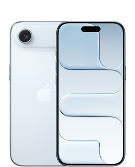 iPhone Air, taustapuoli, taivaansininen väri, Fusion-kamerajärjestelmä yläosassa, Apple-logo keskellä, etupuoli, taivaansininen väri, Dynamic Island keskellä yläreunassa