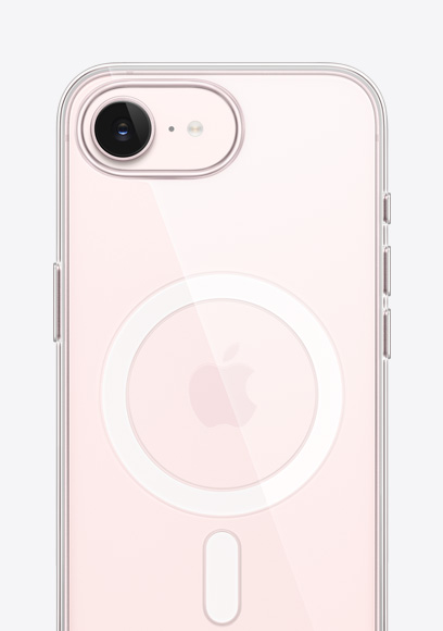 iPhone 17e, taustapuoli, pehmeänpinkki väri, kirkas MagSafe-kuori, Fusion-kamera ylhäällä, keskellä Apple-logo