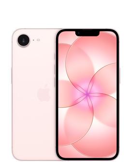 iPhone 17e, taustapuoli, pehmeänpinkki väri, Fusion-kamera ylhäällä vasemmalla, keskellä Apple-logo, etuopuoli, pehmeänpinkki väri, täysnäyttö