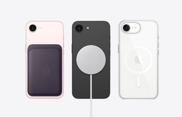 iPhone 17e, taustapuoli, MagSafe-lisävarusteet kiinnitettynä