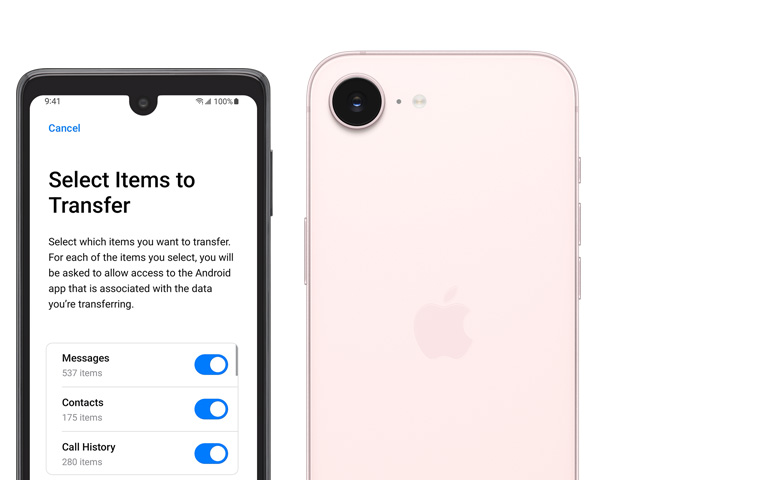 Lado a lado, tela do Android mostrando o app Migrar para iOS, parte de trás do iPhone 17e rosa-pálido, câmera Fusion