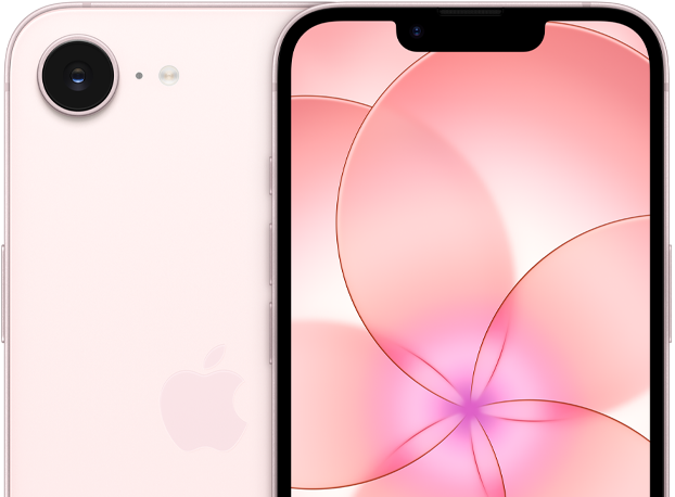 iPhone 17e, etupuoli, pehmeänpinkki väri, osittainen näkymä iPhone 17e:n taustapuolesta, esillä kamera