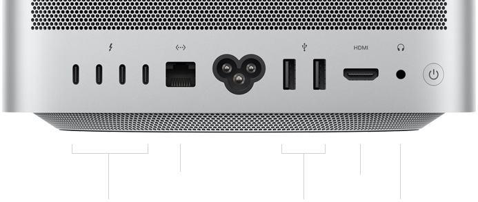 Mac Studio, back, perforated aluminum exhaust, four Thunderbolt 5 ports, one Ethernet, one power socket, two USB-A, one HDMI, one headphone jack, and power button