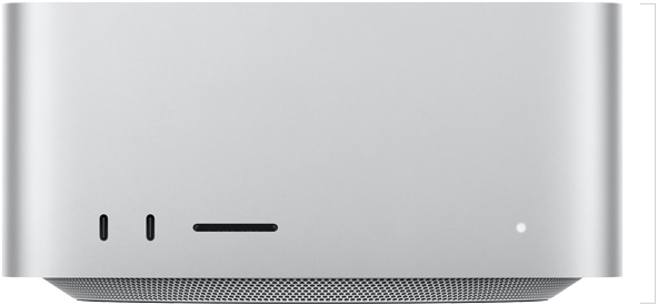 Mac Studio, front, two USB-C ports, SDXC card slot, status indicator light, tapered base at bottom, flat top, rounded sides, straight edges, silver color