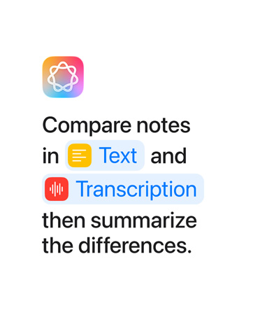 Confronta le note in Testo e Trascrizione quindi riassumi; con le parole “Testo” e “Trascrizione” evidenziate in blu come apparirebbero nell’app Comandi Rapidi